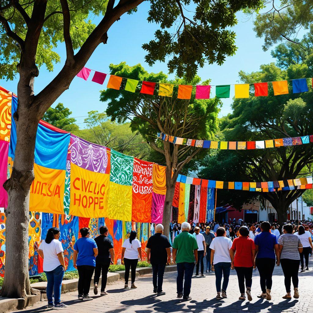 A lively community gathering in Mixco, showcasing diverse individuals actively participating in local projects, surrounded by colorful banners and murals representing civic engagement. Include elements like trees, public spaces, and smiling faces to convey hope and transformation. Vibrant colors and people of various ages collaborating together, embodying unity and progress. super-realistic. vibrant colors. community-focused.