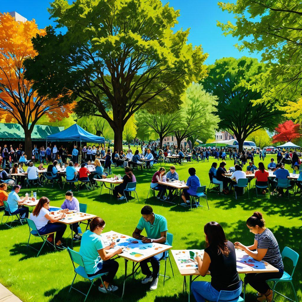 A vibrant community gathering in a park, with diverse people engaging in discussions, sharing ideas, and participating in activities like art creation and gardening. Include colorful banners that symbolize unity and participation, and a backdrop of trees and sunshine to evoke a warm atmosphere. Add elements of technology like tablets or smartphones to indicate modern engagement. super-realistic. vibrant colors. outdoor setting.